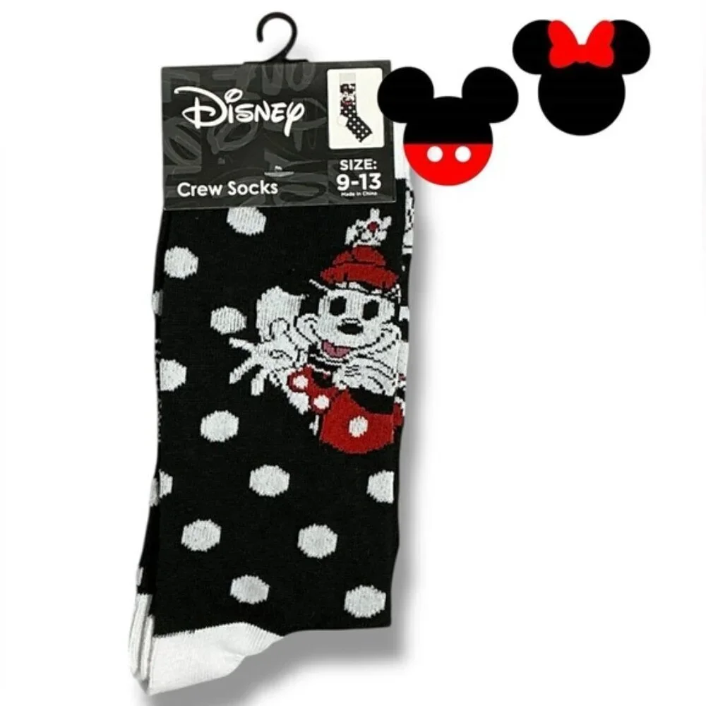 Disney Minnie Mickey Mouse Crew Socks Polka Dot Black White Crew Unisex Mens OS